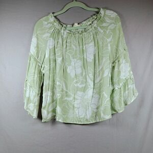 Indigo Rose Sage Green Floral Smocked Off Shoulder Ruffle Bell Sleeve Blouse S